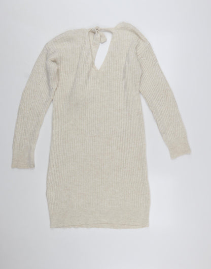 Miss Selfridge Women Beige Knit Jumper Dress Size 10 V-Neck Long Sleeve