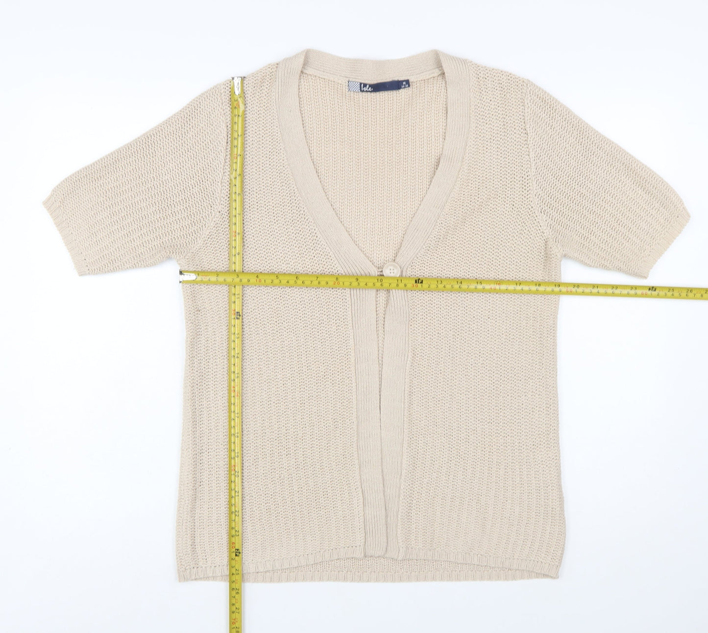 Isle Womens Beige Short Sleeve Knit Cardigan M 14-16 V-Neck Acrylic