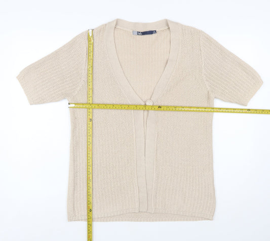 Isle Womens Beige Short Sleeve Knit Cardigan M 14-16 V-Neck Acrylic