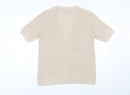 Isle Womens Beige Short Sleeve Knit Cardigan M 14-16 V-Neck Acrylic