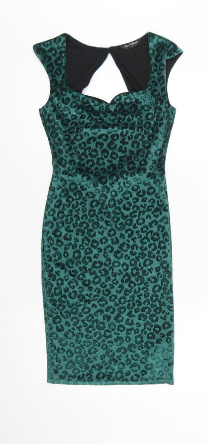 Miss Selfridge Women’s Green Leopard Velvet Bodycon Dress Size 6