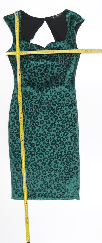 Miss Selfridge Women’s Green Leopard Velvet Bodycon Dress Size 6