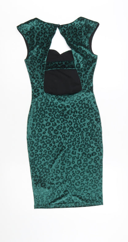 Miss Selfridge Women’s Green Leopard Velvet Bodycon Dress Size 6