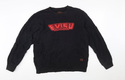 Evisu Men's Black XL Pullover Sweatshirt Crew Neck Graphic Logo Cotton