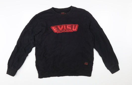 Evisu Men's Black XL Pullover Sweatshirt Crew Neck Graphic Logo Cotton