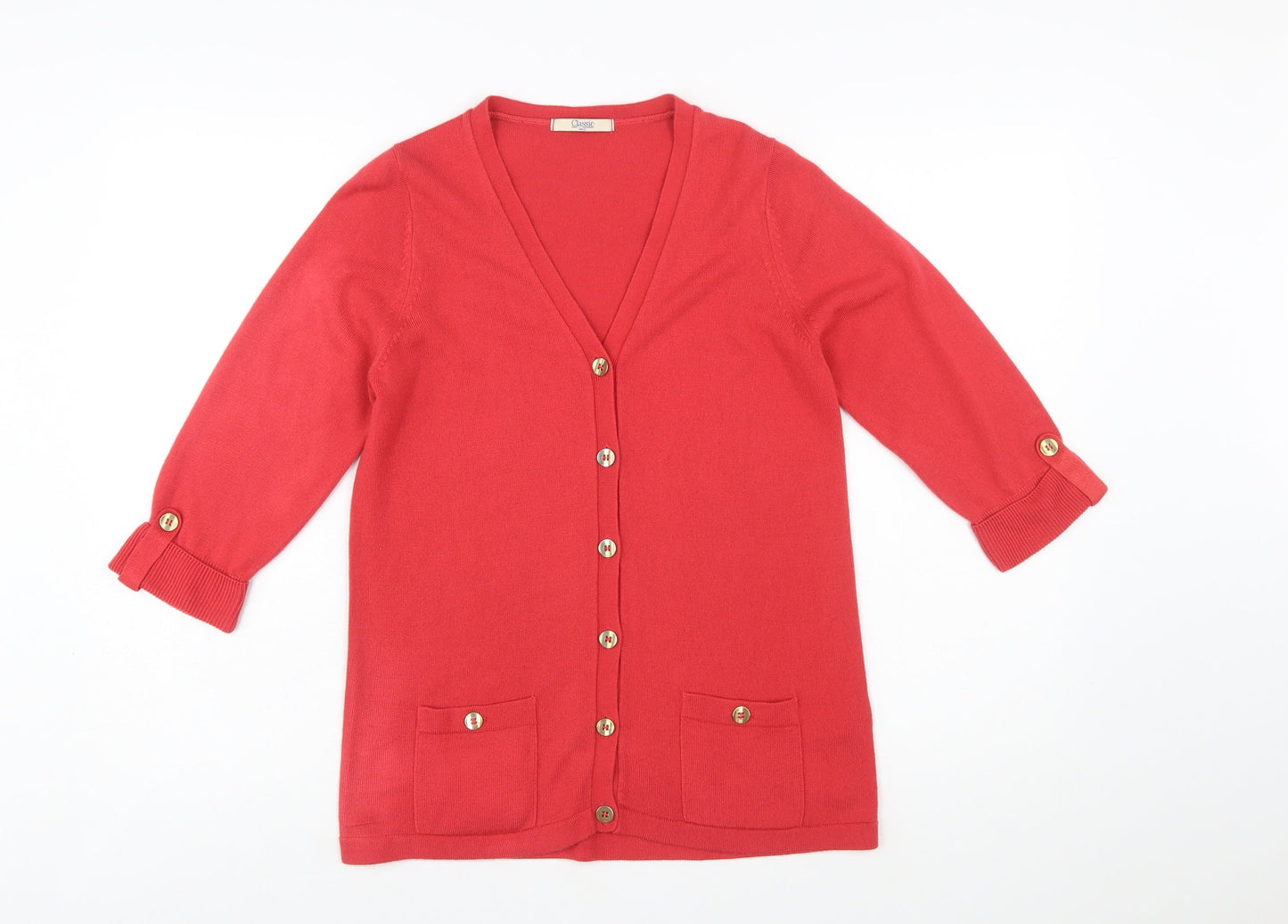 Marks and Spencer Women Red V-Neck 3/4 Sleeve Button Cardigan Size 10