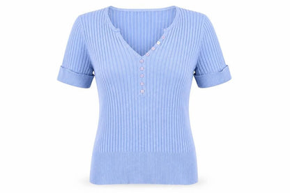 Marks & Spencer Women’s Blue Short Sleeve Henley Ribbed Knit Jumper Size 10