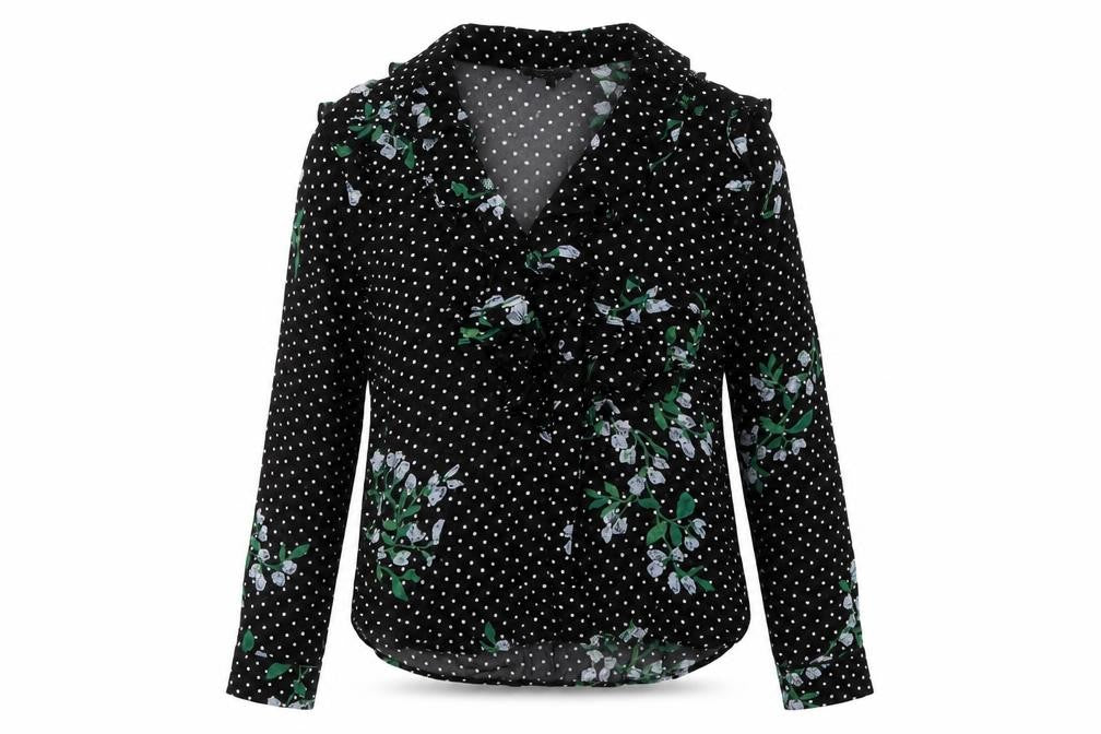 Ganni Women’s Black Floral Polka Dot Wrap Blouse Size 8