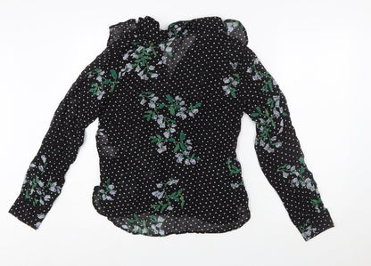 Ganni Women’s Black Floral Polka Dot Wrap Blouse Size 8