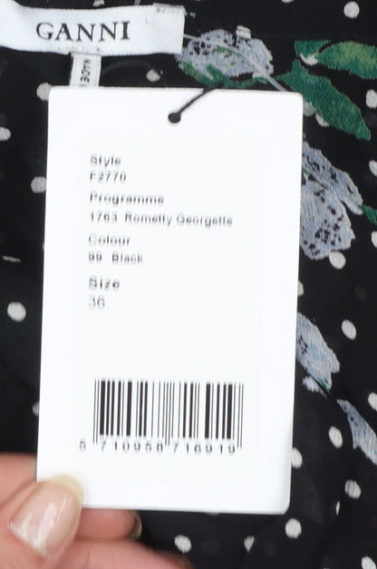 Ganni Women’s Black Floral Polka Dot Wrap Blouse Size 8