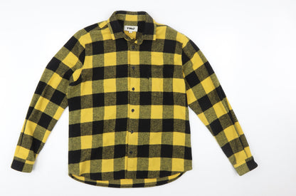 YMC Men's Yellow Black Check Flannel Button-Up Shirt Size M Long Sleeve