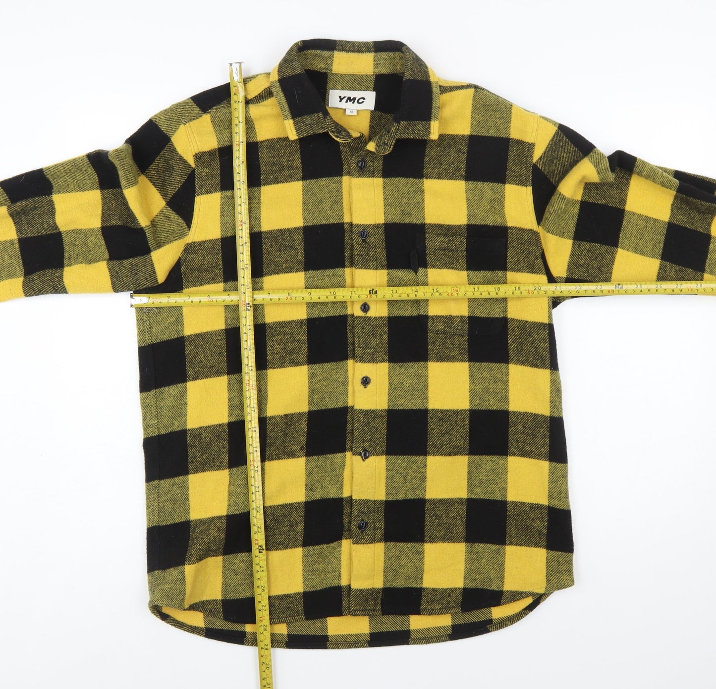 YMC Men's Yellow Black Check Flannel Button-Up Shirt Size M Long Sleeve