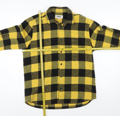 YMC Men's Yellow Black Check Flannel Button-Up Shirt Size M Long Sleeve