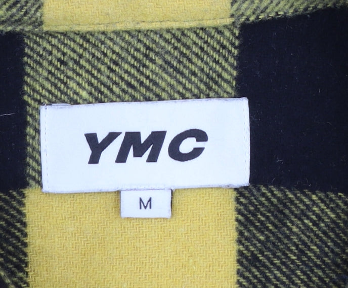 YMC Men's Yellow Black Check Flannel Button-Up Shirt Size M Long Sleeve