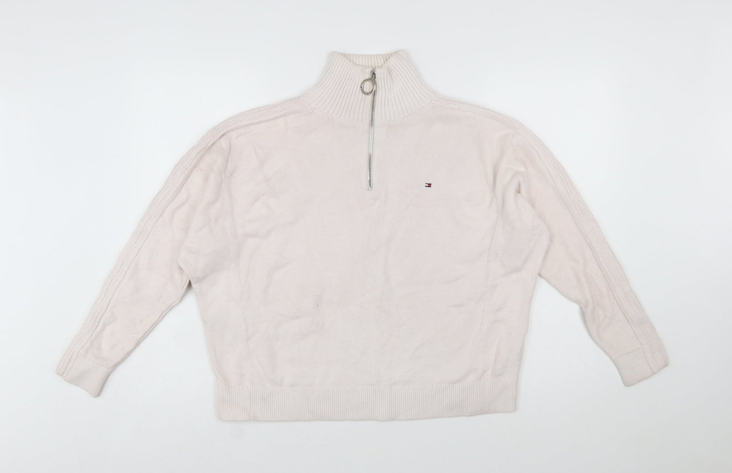 Tommy Hilfiger Women Ivory 1/4 Zip High Neck Cotton Jumper S