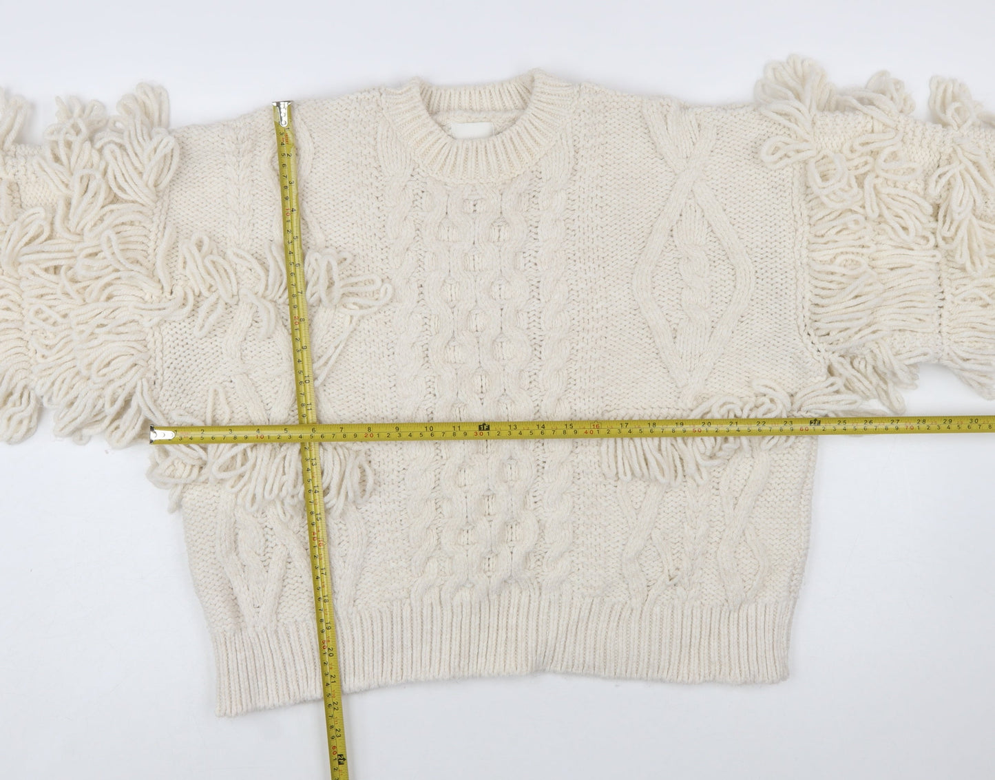 H&M Women’s Ivory Chunky-Knit Fringe Wool Blend Jumper Size 12