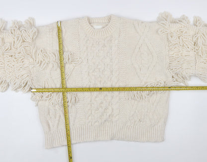 H&M Women’s Ivory Chunky-Knit Fringe Wool Blend Jumper Size 12