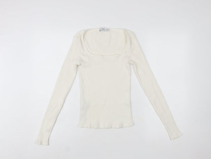 MNG Women Ivory Long Sleeve Square Neck Slim Fit Top M