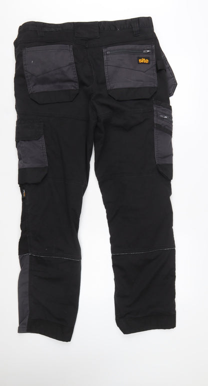 Site Men's Black Cargo Workwear Trousers Size 36W 32L Durable Cotton Blend