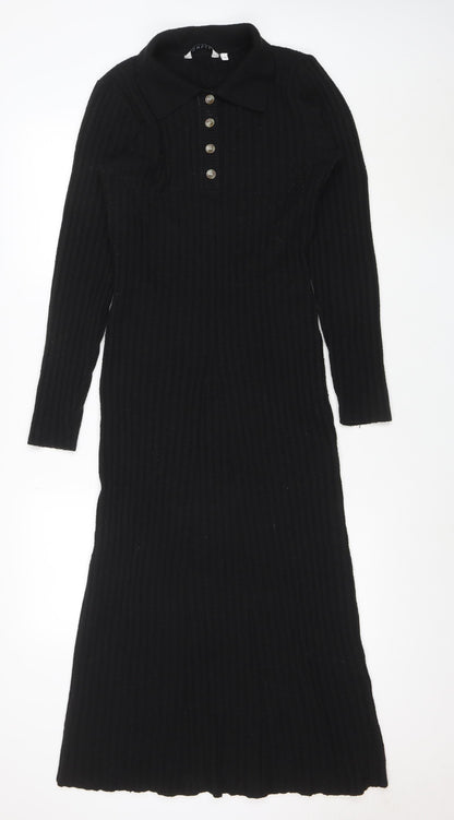 OMNES Women Black Collared Ribbed Bodycon Midi Knit Dress M