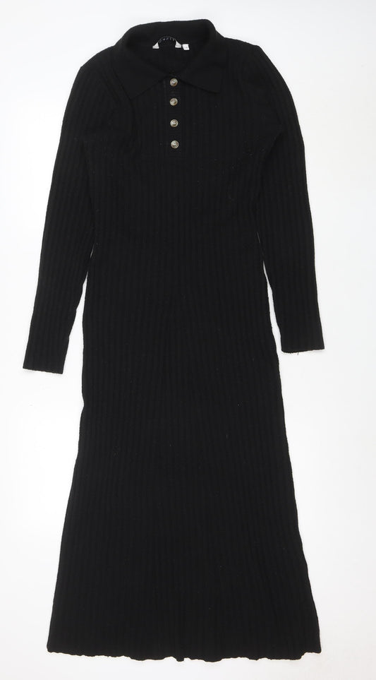 OMNES Women Black Collared Ribbed Bodycon Midi Knit Dress M