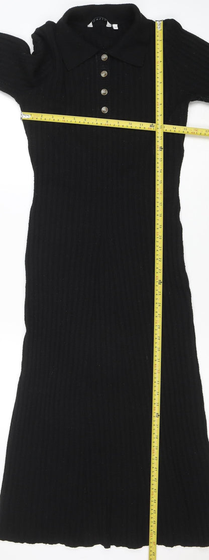 OMNES Women Black Collared Ribbed Bodycon Midi Knit Dress M