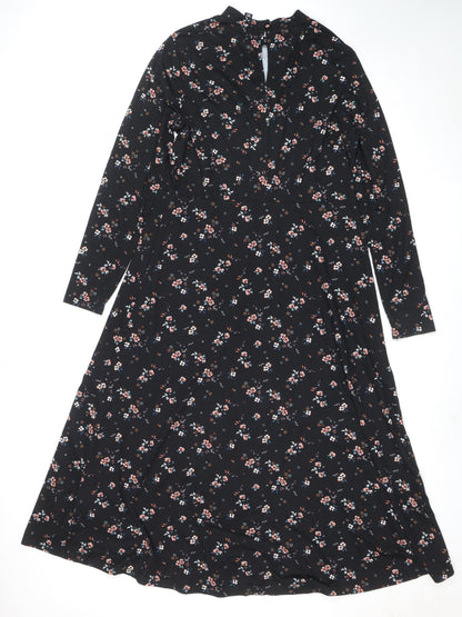 New Look Womens Black Floral Wrap Midi Dress Size 14 Viscose