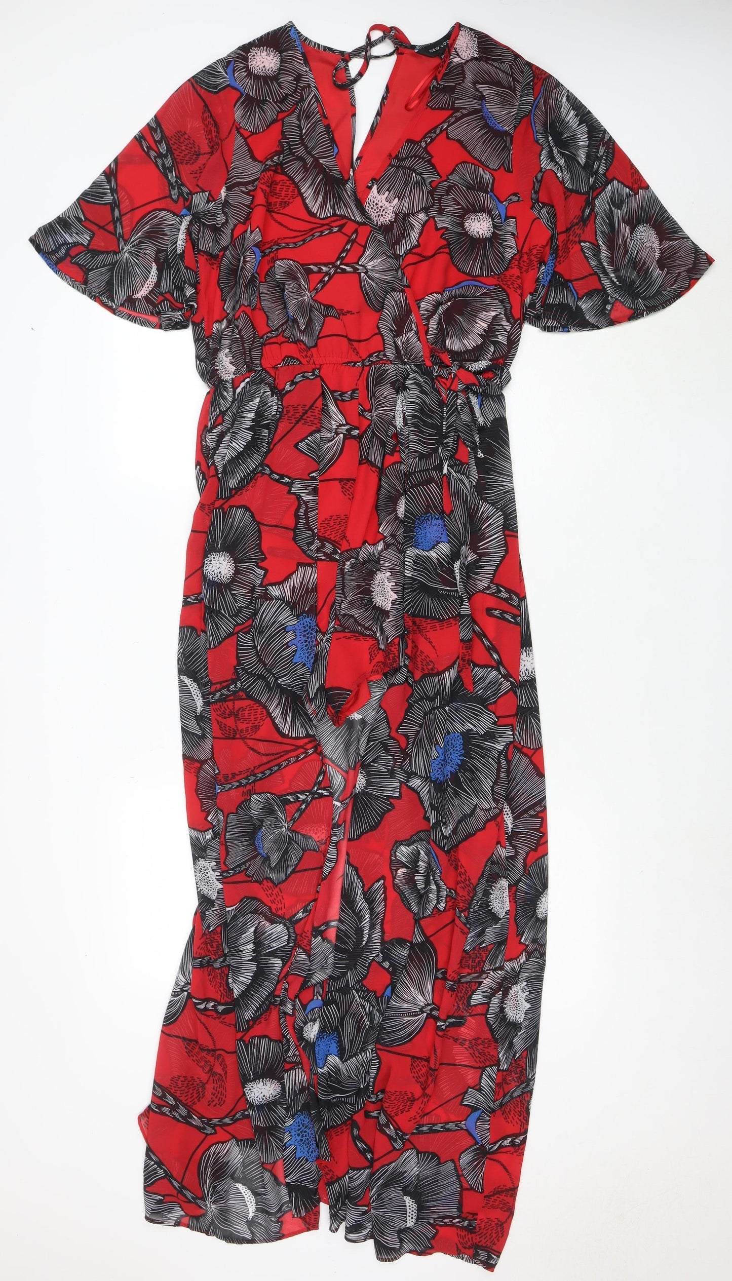 New Look Women Red Floral Jumpsuit Size 14 V-Neck Short Sleeve Lightweight