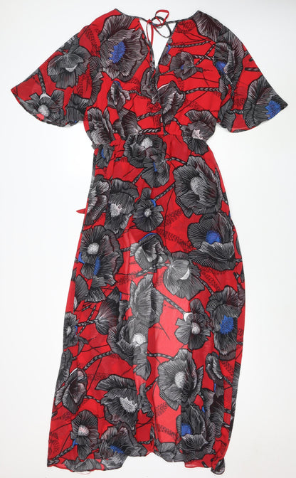 New Look Women Red Floral Jumpsuit Size 14 V-Neck Short Sleeve Lightweight