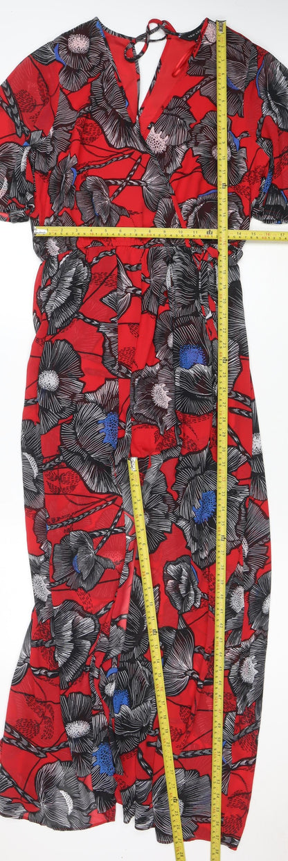 New Look Women Red Floral Jumpsuit Size 14 V-Neck Short Sleeve Lightweight