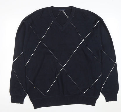 Nautica Men’s Blue Argyle V-Neck Cotton Jumper Size L