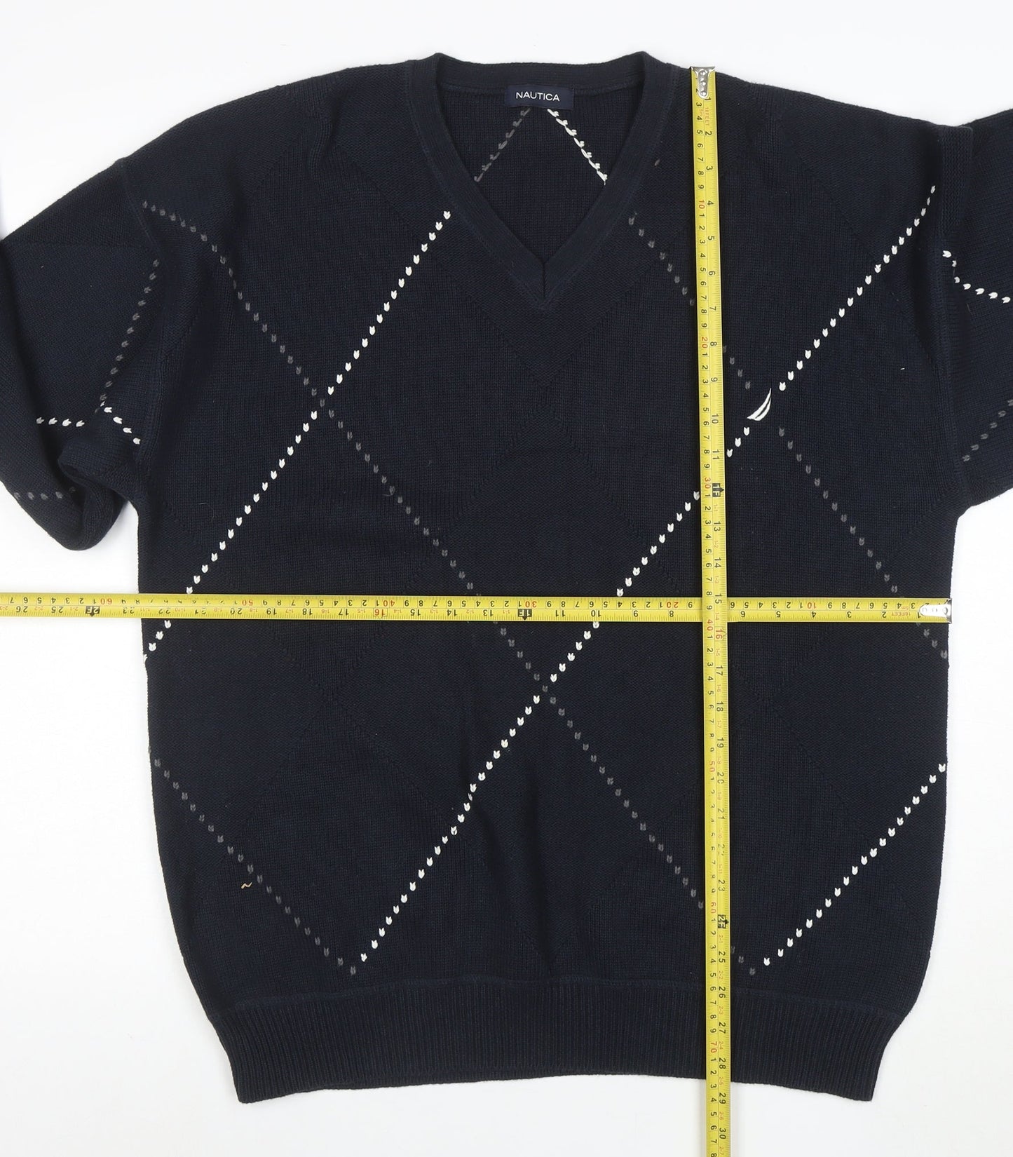 Nautica Men’s Blue Argyle V-Neck Cotton Jumper Size L