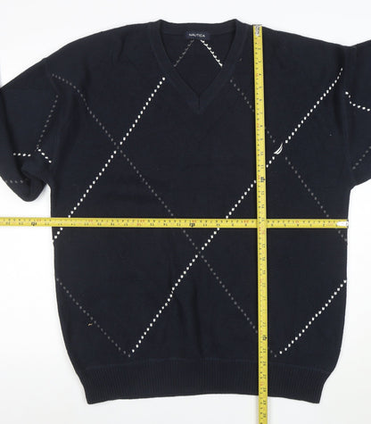 Nautica Men’s Blue Argyle V-Neck Cotton Jumper Size L