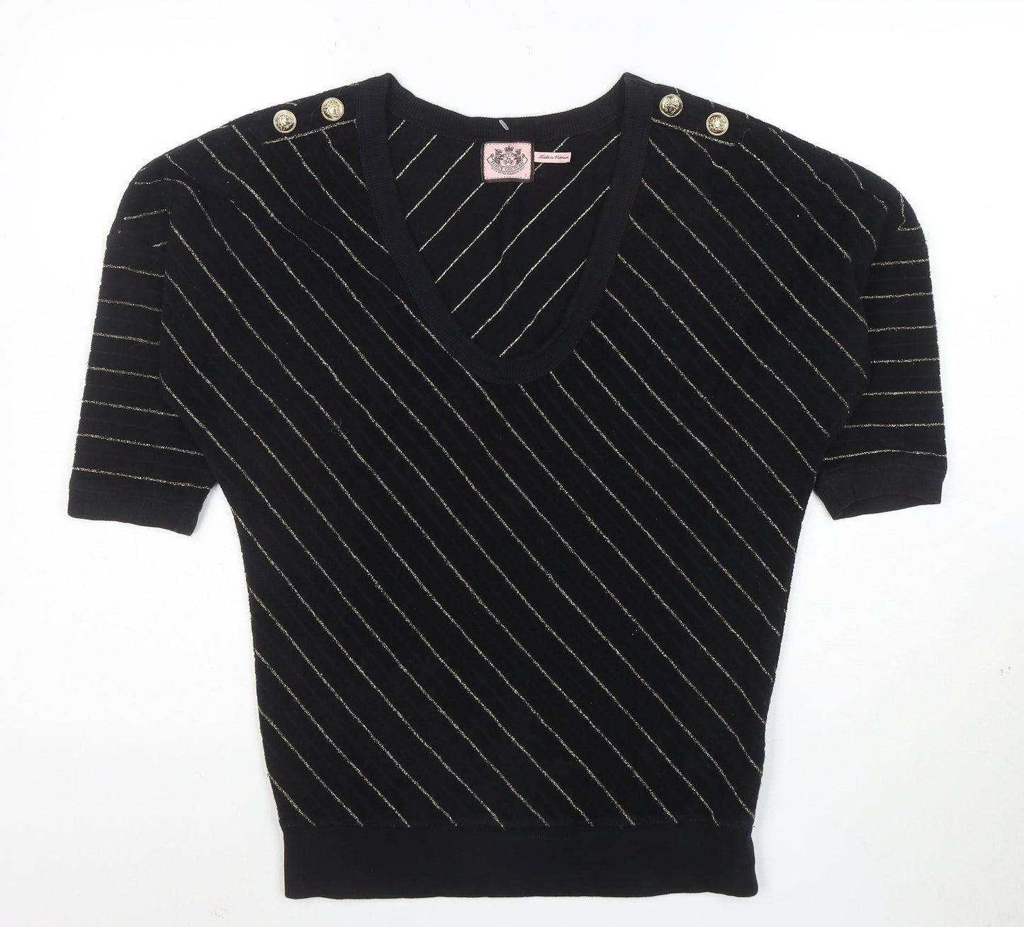 Juicy Couture Womens Black Striped Short Sleeve V-Neck Knit Top S
