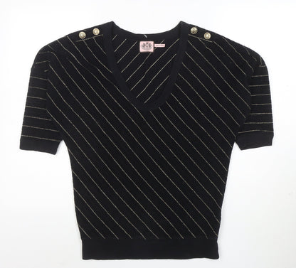 Juicy Couture Womens Black Striped Short Sleeve V-Neck Knit Top S