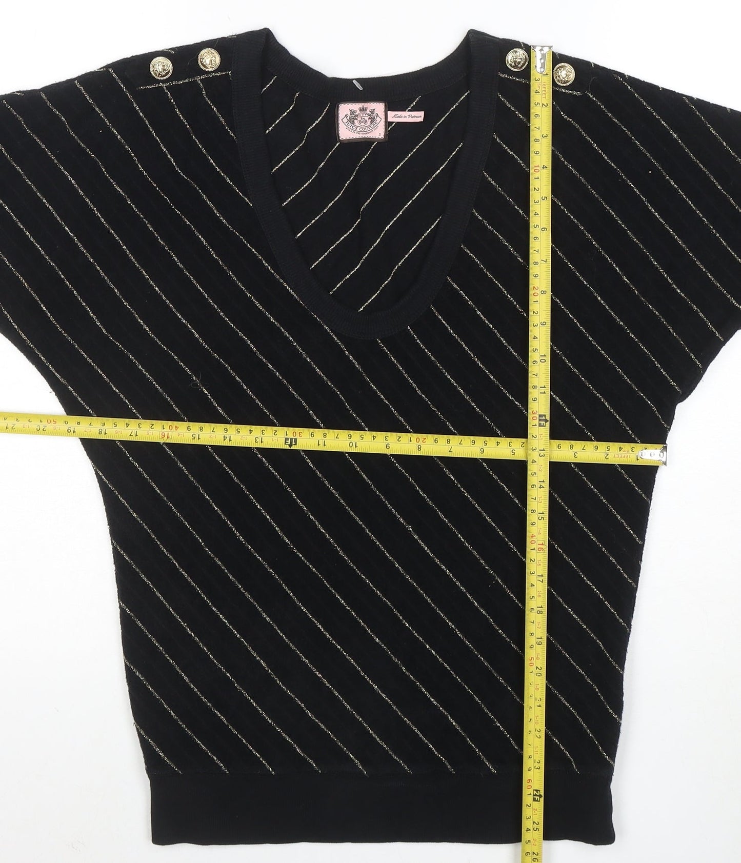 Juicy Couture Womens Black Striped Short Sleeve V-Neck Knit Top S