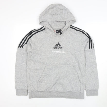 Adidas Boys Grey Hooded Pullover Hoodie 13-14 Years Cotton Blend