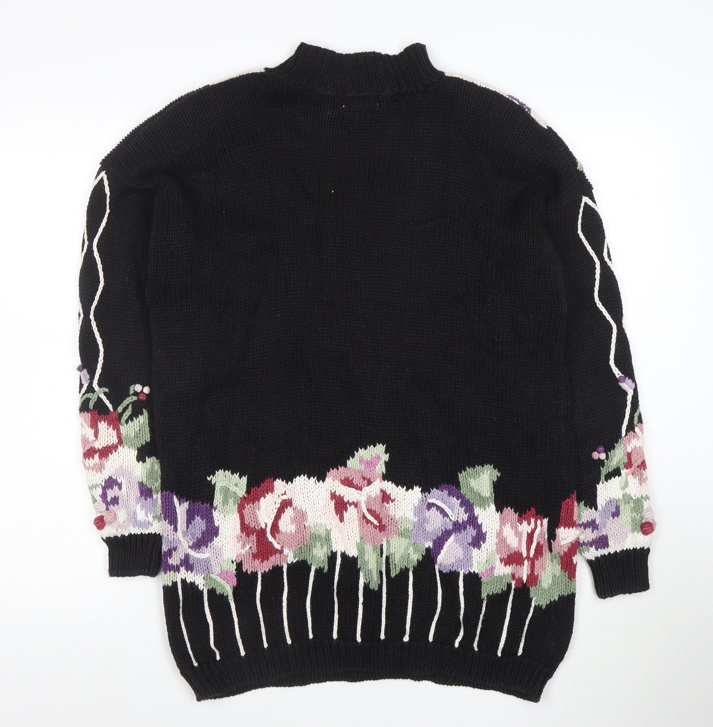 Boaz Womens Black Floral Mock Neck Chunky Knit Jumper Size M
