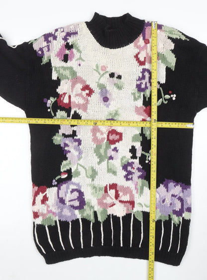 Boaz Womens Black Floral Mock Neck Chunky Knit Jumper Size M