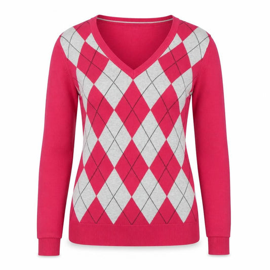 Tommy Hilfiger Womens Red Argyle V-Neck Jumper Size S 100% Cotton
