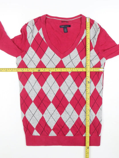 Tommy Hilfiger Womens Red Argyle V-Neck Jumper Size S 100% Cotton