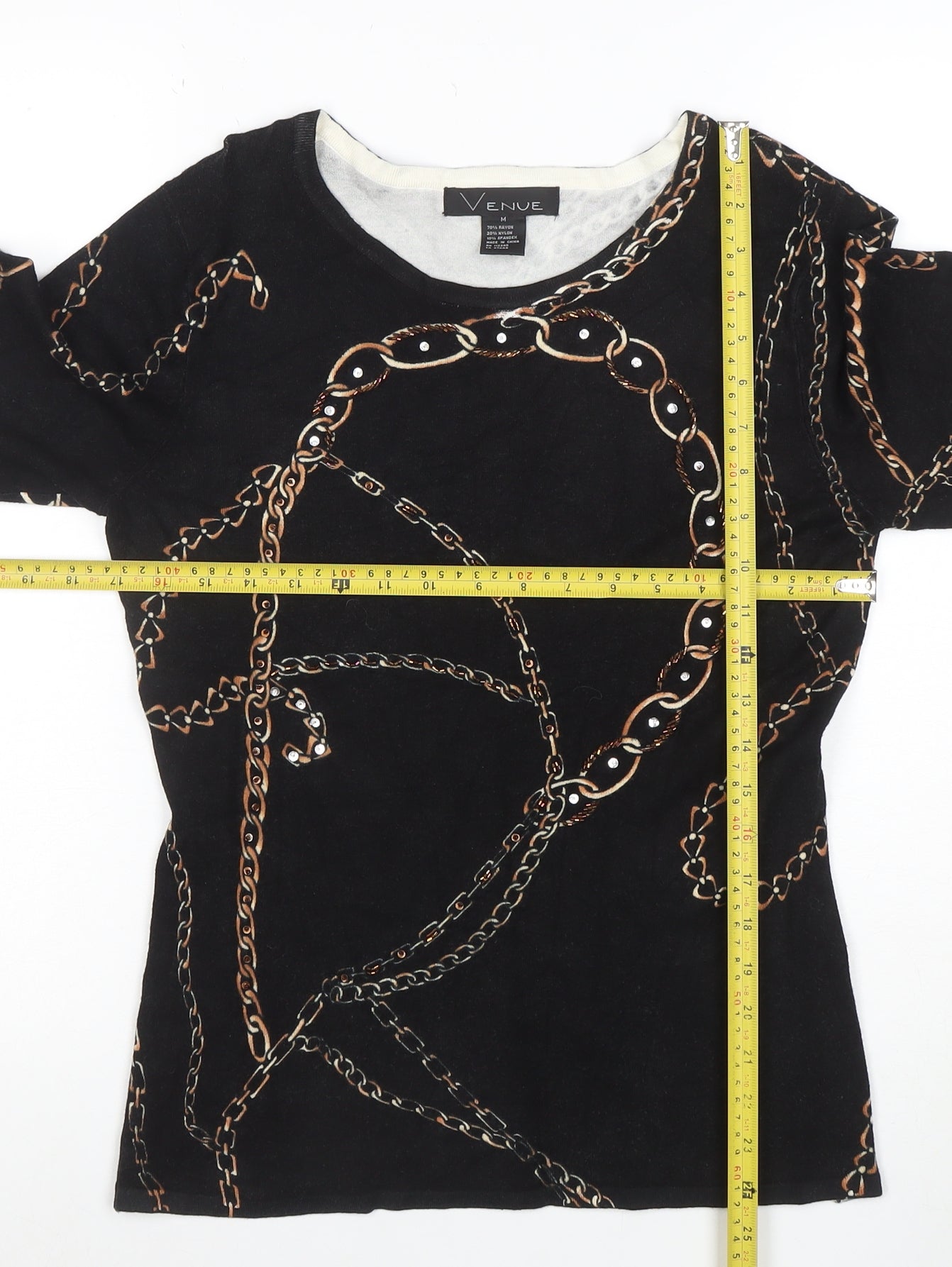 Venue Womens Black Chain Print 3/4 Sleeve Stretch Top M