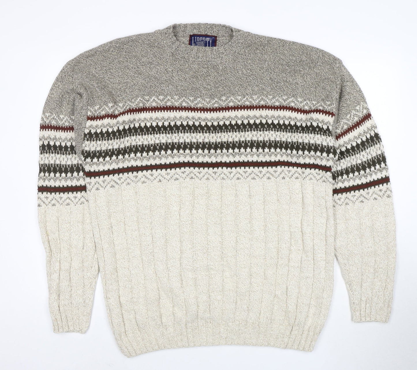 Liberty Men's Grey Fair Isle Cotton Knit Jumper Size L