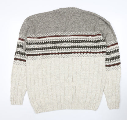 Liberty Men's Grey Fair Isle Cotton Knit Jumper Size L