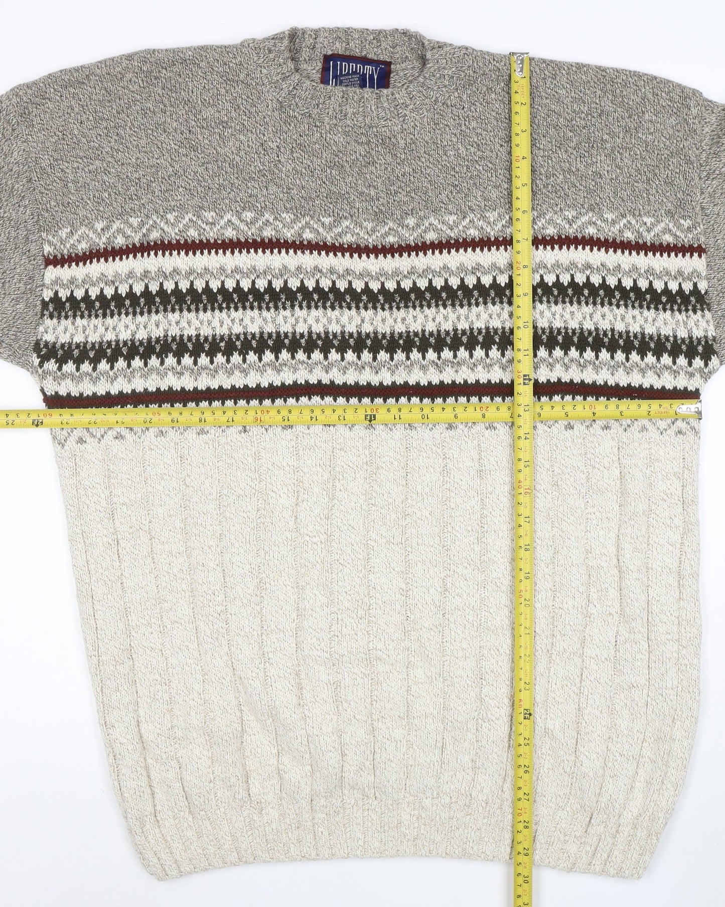 Liberty Men's Grey Fair Isle Cotton Knit Jumper Size L