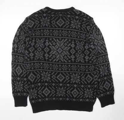 Roundtree & Yorke Men's Black Fair Isle Cotton Crew Neck Jumper Medium