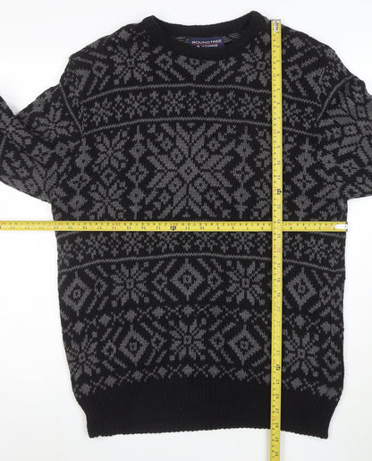 Roundtree & Yorke Men's Black Fair Isle Cotton Crew Neck Jumper Medium