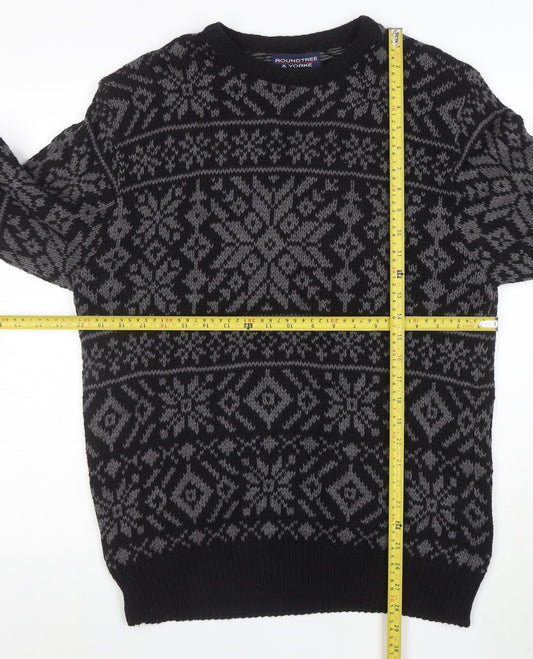 Roundtree & Yorke Men's Black Fair Isle Cotton Crew Neck Jumper Medium