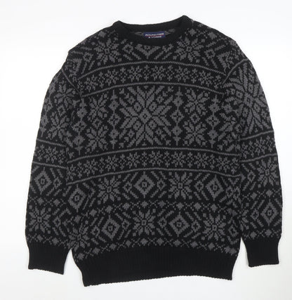 Roundtree & Yorke Men's Black Fair Isle Cotton Crew Neck Jumper Medium