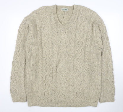 L.L. Bean Men Beige Wool Cable Knit V-Neck Jumper L Tall